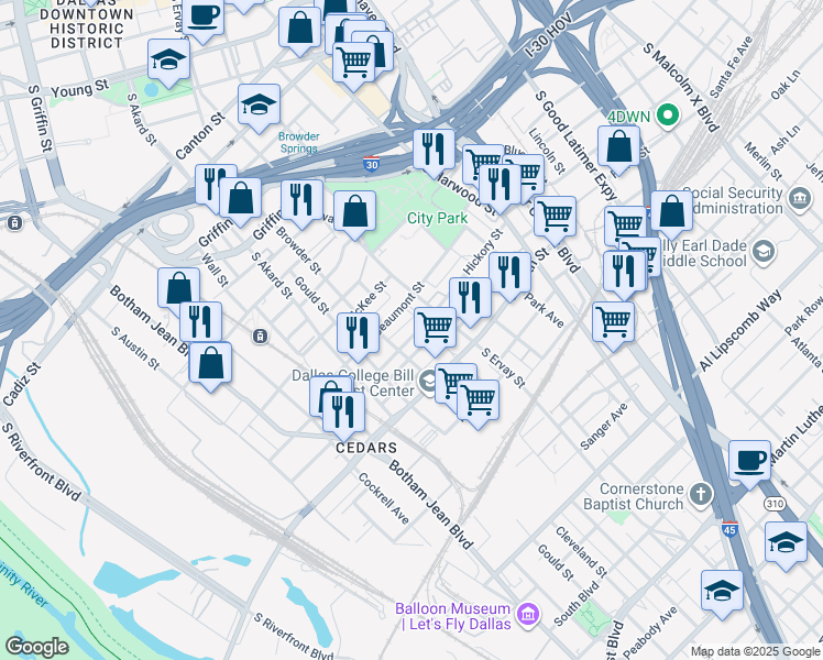 map of restaurants, bars, coffee shops, grocery stores, and more near 1521 Hickory Street in Dallas