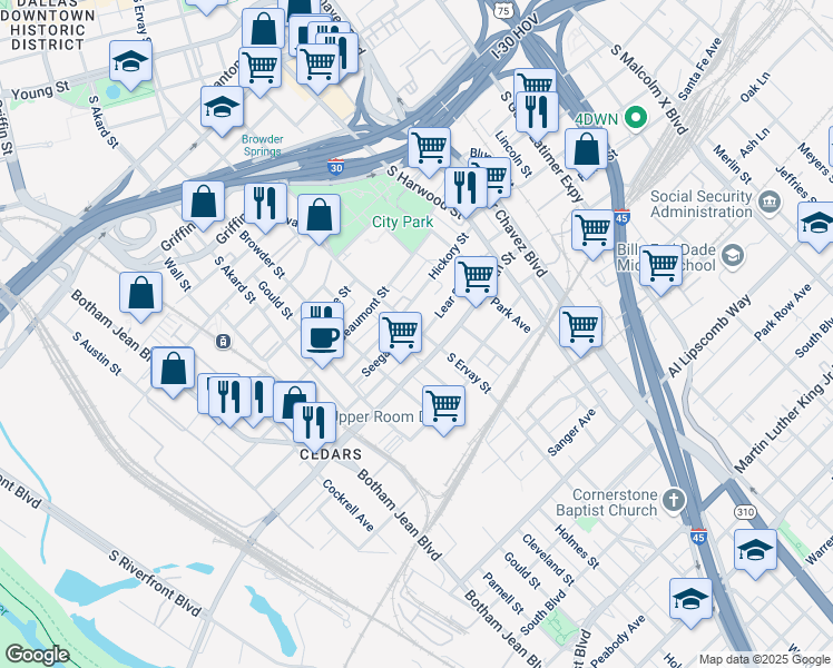 map of restaurants, bars, coffee shops, grocery stores, and more near 2005 South Ervay Street in Dallas