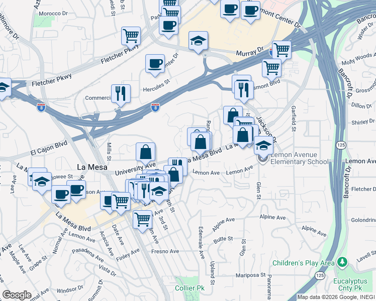 map of restaurants, bars, coffee shops, grocery stores, and more near 8461 Roach Drive in La Mesa