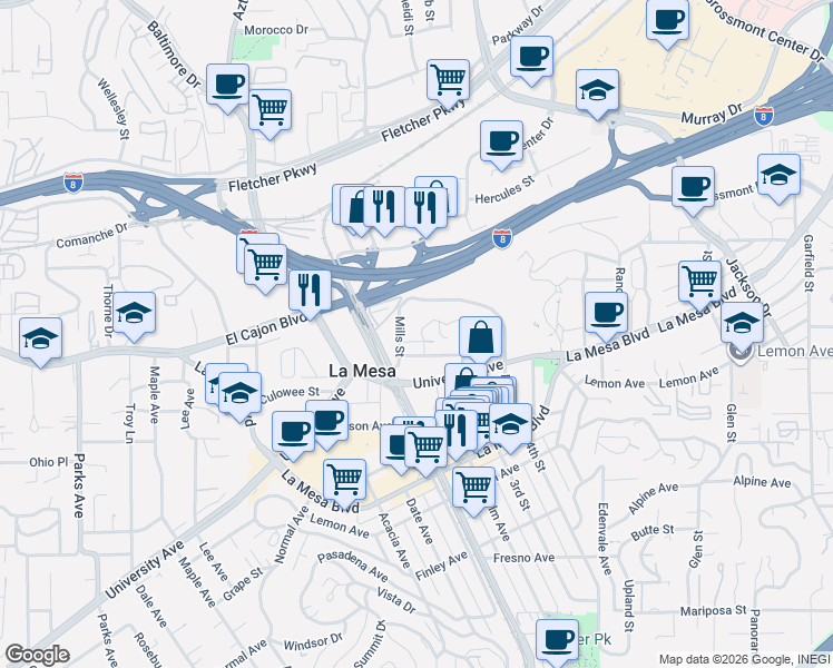 map of restaurants, bars, coffee shops, grocery stores, and more near 4926 Colina Drive in La Mesa