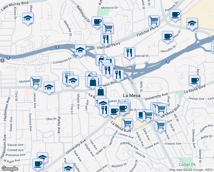 map of restaurants, bars, coffee shops, grocery stores, and more near 4979 Clearview Way in La Mesa