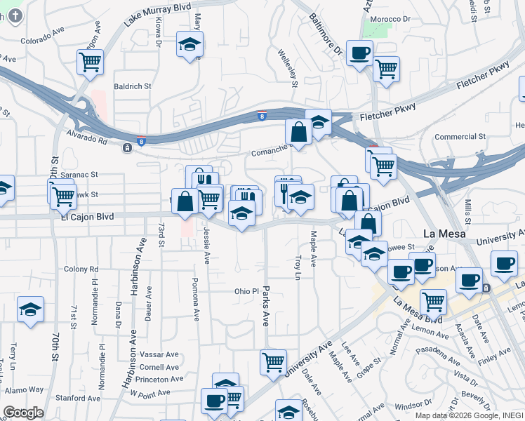 map of restaurants, bars, coffee shops, grocery stores, and more near 4945 Comanche Drive in La Mesa