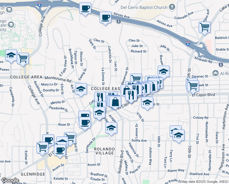 map of restaurants, bars, coffee shops, grocery stores, and more near in San Diego