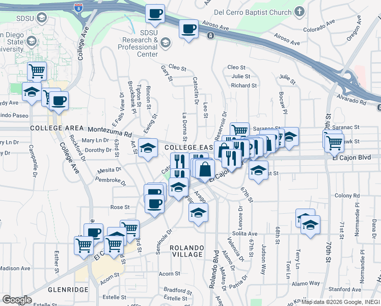 map of restaurants, bars, coffee shops, grocery stores, and more near in San Diego