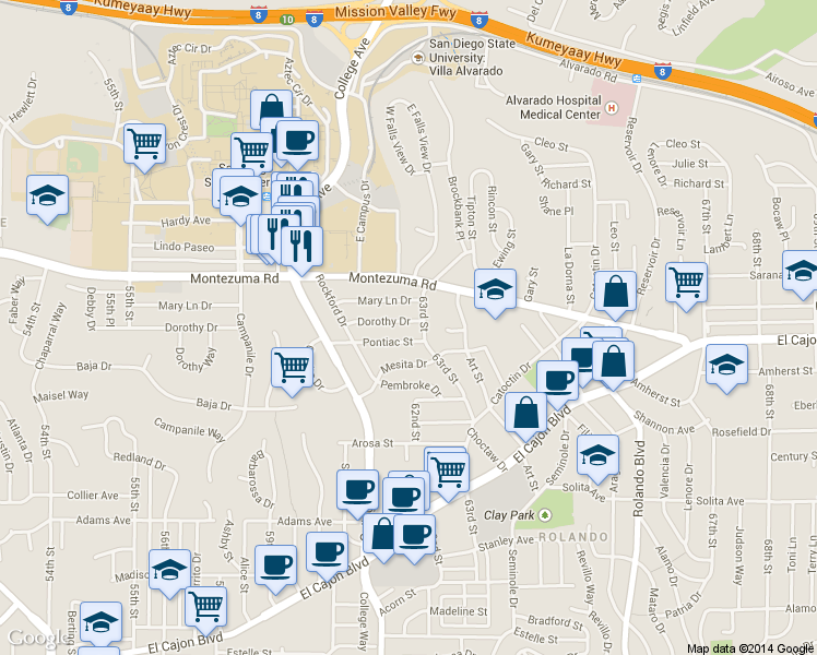 map of restaurants, bars, coffee shops, grocery stores, and more near 6205 Dorothy Drive in San Diego