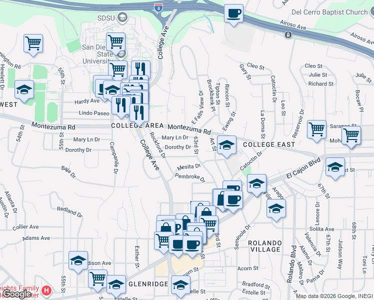 map of restaurants, bars, coffee shops, grocery stores, and more near 6205 Dorothy Drive in San Diego