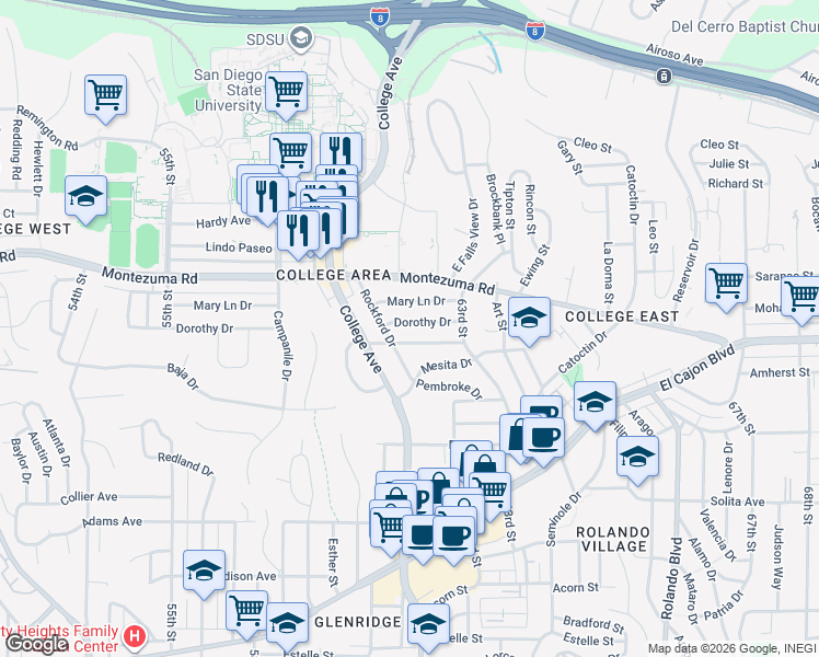 map of restaurants, bars, coffee shops, grocery stores, and more near 6105 Dorothy Drive in San Diego