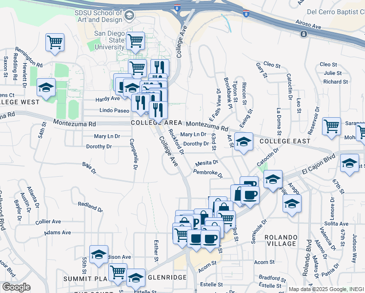 map of restaurants, bars, coffee shops, grocery stores, and more near 6105 Dorothy Drive in San Diego