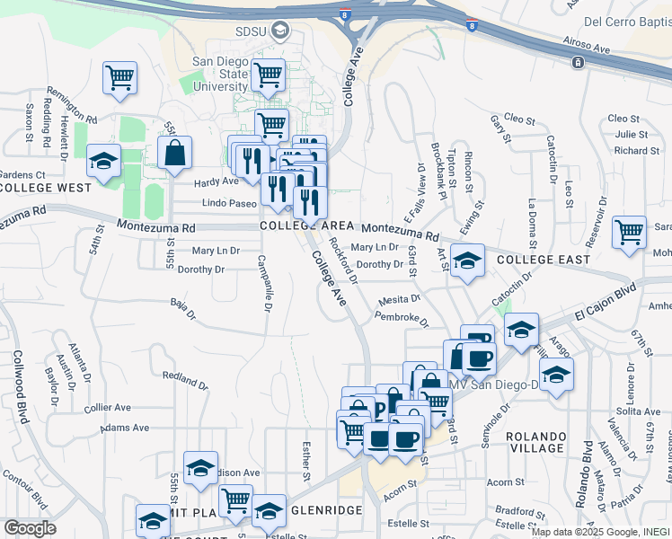 map of restaurants, bars, coffee shops, grocery stores, and more near 5020 College Avenue in San Diego