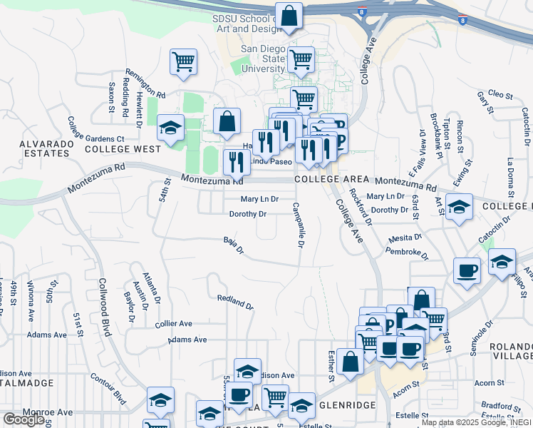 map of restaurants, bars, coffee shops, grocery stores, and more near 5628 Dorothy Drive in San Diego