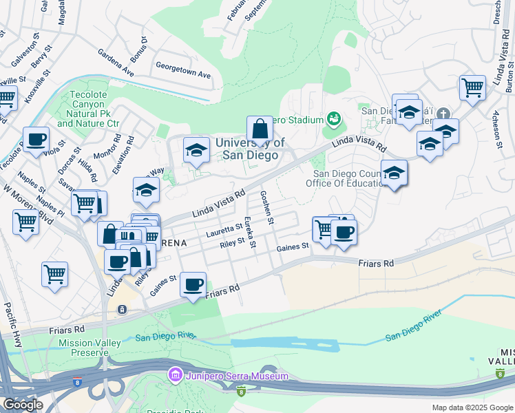 map of restaurants, bars, coffee shops, grocery stores, and more near 5800 Mildred Street in San Diego