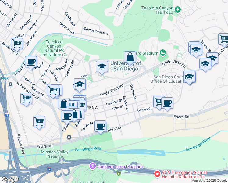 map of restaurants, bars, coffee shops, grocery stores, and more near 5725 Linda Vista Road in San Diego
