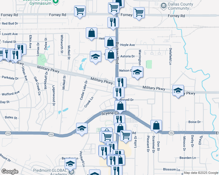 map of restaurants, bars, coffee shops, grocery stores, and more near 8008 Military Parkway in Dallas