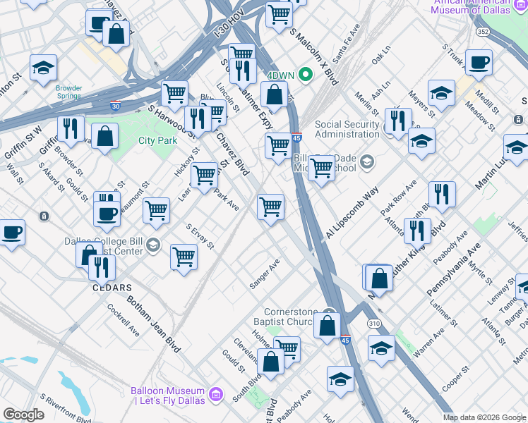 map of restaurants, bars, coffee shops, grocery stores, and more near 2425 South Cesar Chavez Boulevard in Dallas