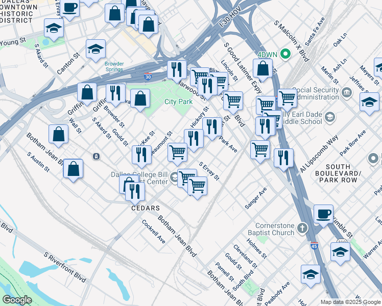 map of restaurants, bars, coffee shops, grocery stores, and more near 2007 South Ervay Street in Dallas
