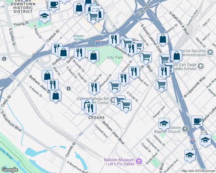 map of restaurants, bars, coffee shops, grocery stores, and more near 1521 Hickory Street in Dallas