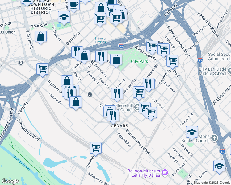 map of restaurants, bars, coffee shops, grocery stores, and more near in Dallas