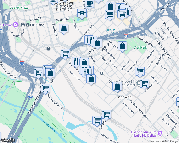 map of restaurants, bars, coffee shops, grocery stores, and more near 1001 Belleview Street in Dallas