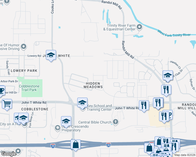 map of restaurants, bars, coffee shops, grocery stores, and more near 8017 Hidden Oaks Drive in Fort Worth