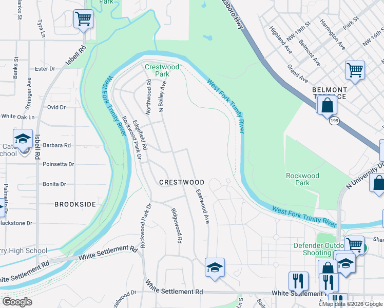 map of restaurants, bars, coffee shops, grocery stores, and more near 635 Eastwood Avenue in Fort Worth