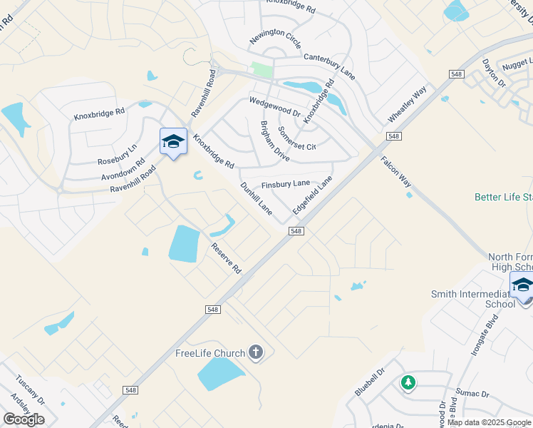 map of restaurants, bars, coffee shops, grocery stores, and more near 1023 Dunhill Lane in Forney