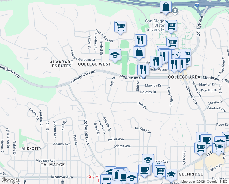 map of restaurants, bars, coffee shops, grocery stores, and more near 5014 Chaparral Way in San Diego