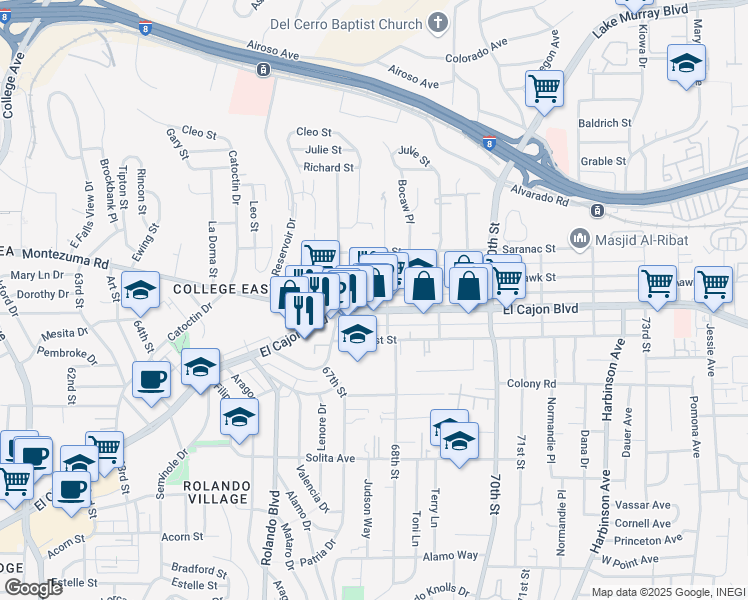 map of restaurants, bars, coffee shops, grocery stores, and more near 6766 El Cajon Boulevard in San Diego