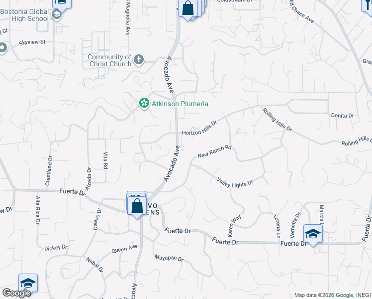 map of restaurants, bars, coffee shops, grocery stores, and more near 1885 Avocado Avenue in El Cajon