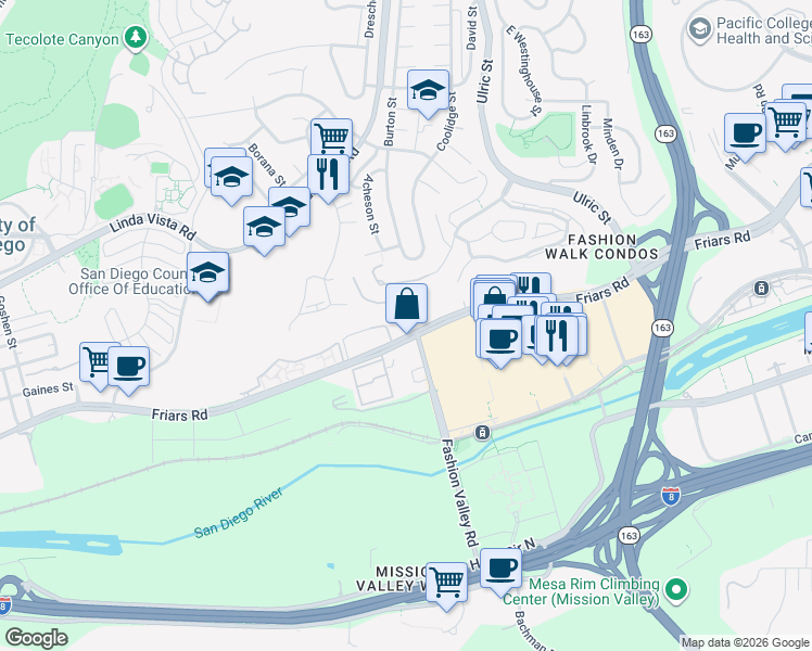 map of restaurants, bars, coffee shops, grocery stores, and more near 6888 Friars Road in San Diego