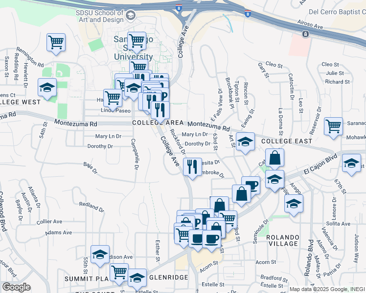map of restaurants, bars, coffee shops, grocery stores, and more near 6105 Dorothy Drive in San Diego