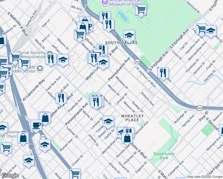 map of restaurants, bars, coffee shops, grocery stores, and more near 2938 Birmingham Avenue in Dallas