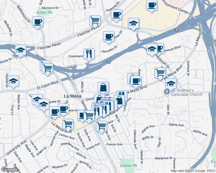 map of restaurants, bars, coffee shops, grocery stores, and more near 4950 Pine Street in La Mesa