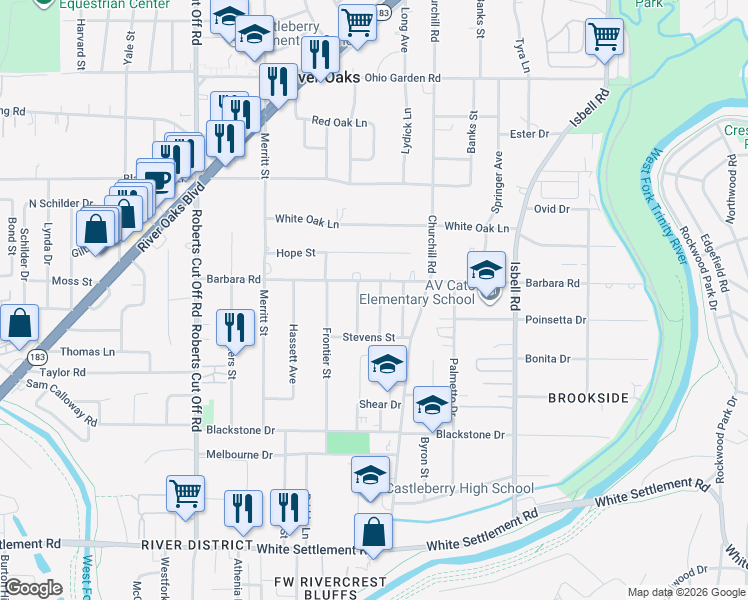 map of restaurants, bars, coffee shops, grocery stores, and more near 615 Harrisdale Avenue in River Oaks
