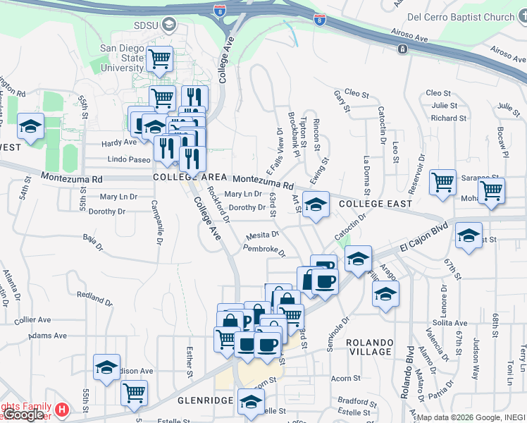 map of restaurants, bars, coffee shops, grocery stores, and more near 6205 Dorothy Drive in San Diego