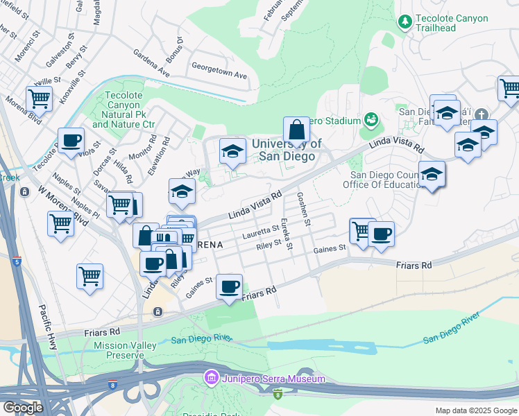 map of restaurants, bars, coffee shops, grocery stores, and more near 5725 Linda Vista Road in San Diego