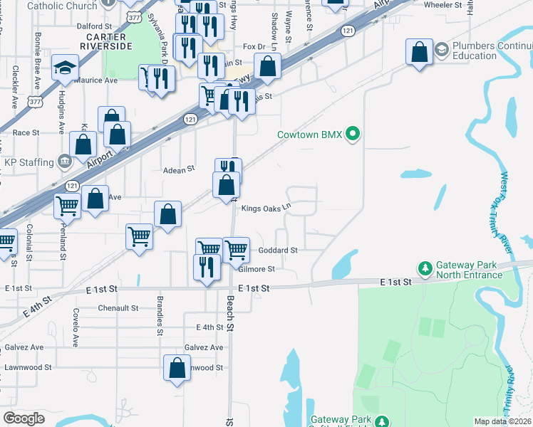 map of restaurants, bars, coffee shops, grocery stores, and more near 4132 Kings Oaks Lane in Fort Worth