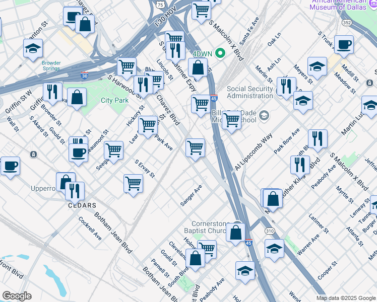 map of restaurants, bars, coffee shops, grocery stores, and more near 2425 South Cesar Chavez Boulevard in Dallas