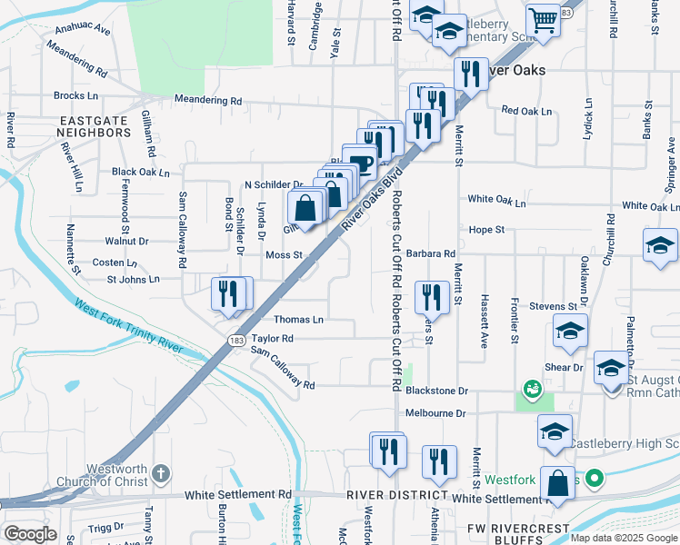 map of restaurants, bars, coffee shops, grocery stores, and more near 609 Schieme Street in River Oaks