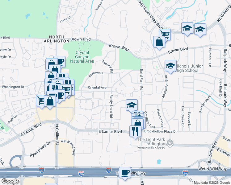 map of restaurants, bars, coffee shops, grocery stores, and more near 1534 Stoneleigh Court in Arlington