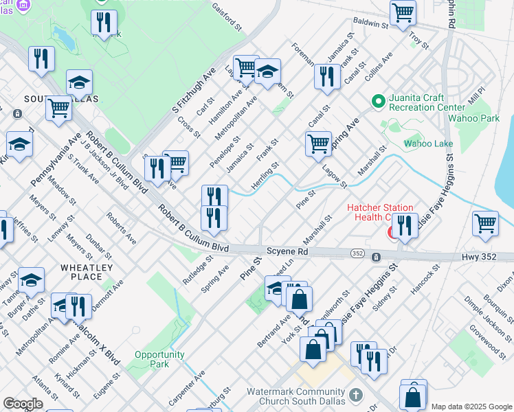 map of restaurants, bars, coffee shops, grocery stores, and more near 2711 Cross Street in Dallas