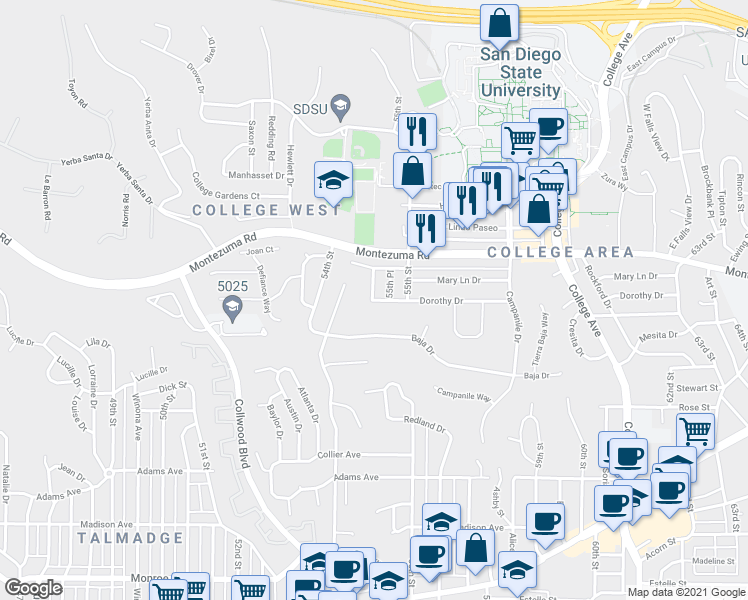 map of restaurants, bars, coffee shops, grocery stores, and more near Dorothy Drive & Debby Drive in San Diego