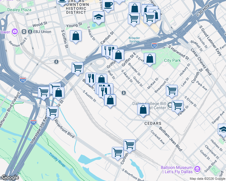 map of restaurants, bars, coffee shops, grocery stores, and more near 1001 Belleview Street in Dallas
