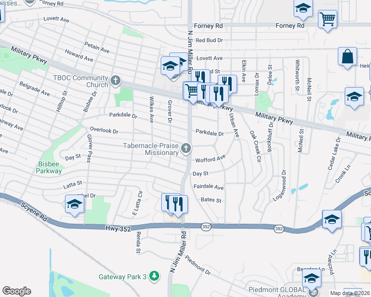 map of restaurants, bars, coffee shops, grocery stores, and more near 6930 Overlook Drive in Dallas