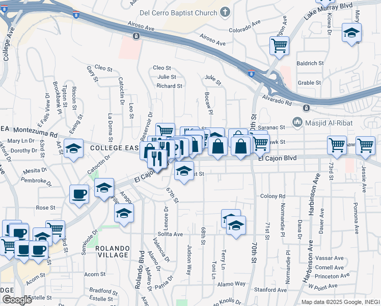 map of restaurants, bars, coffee shops, grocery stores, and more near 6784 El Cajon Boulevard in San Diego