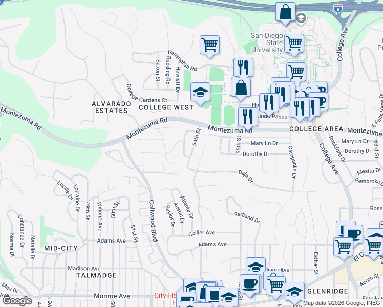 map of restaurants, bars, coffee shops, grocery stores, and more near 5014 Chaparral Way in San Diego