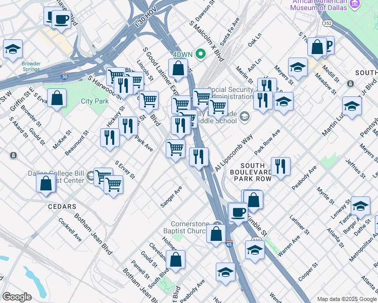 map of restaurants, bars, coffee shops, grocery stores, and more near 2119 Coombs Street in Dallas