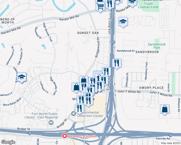 map of restaurants, bars, coffee shops, grocery stores, and more near 701 Bridgewood Drive in Fort Worth