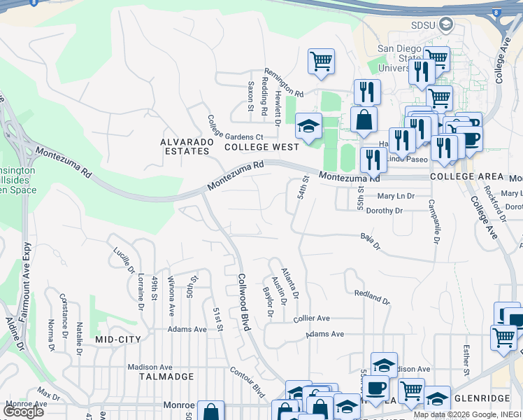 map of restaurants, bars, coffee shops, grocery stores, and more near Defiance Way & Prosperity Lane in San Diego