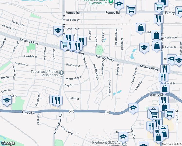 map of restaurants, bars, coffee shops, grocery stores, and more near 3533 Oak Creek Circle in Dallas