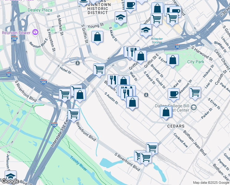 map of restaurants, bars, coffee shops, grocery stores, and more near 1135 Botham Jean Boulevard in Dallas